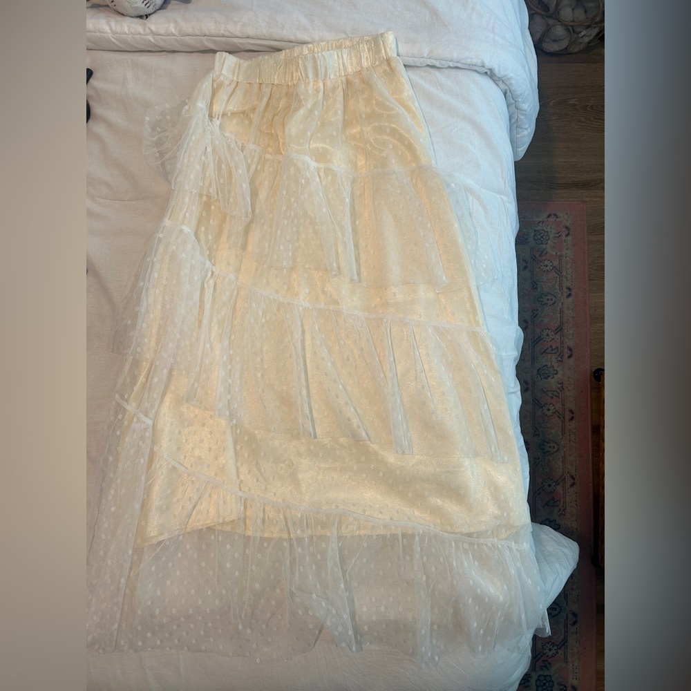Women's Cream Tiered Mesh Maxi Skirt polka dot tulle overlay